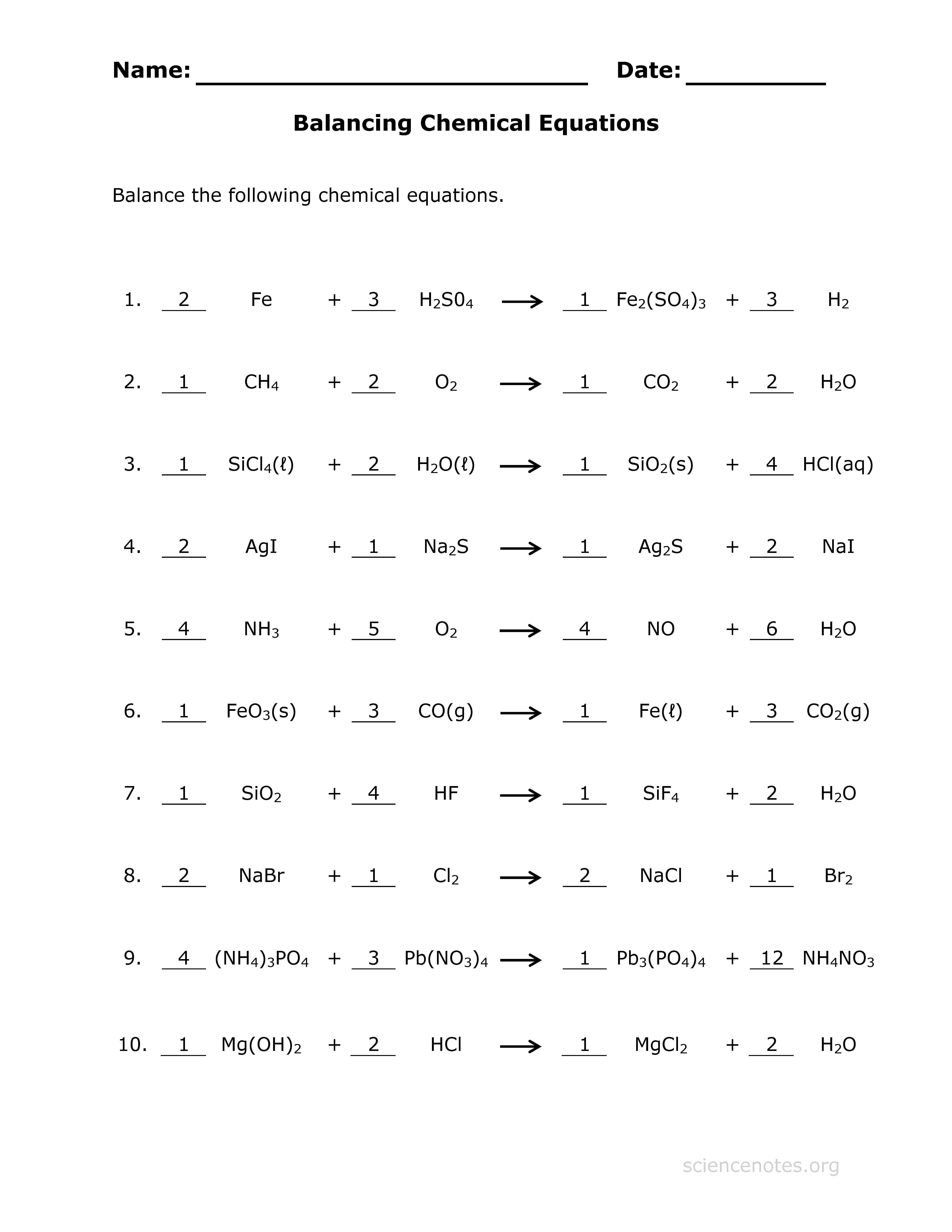 Answer key for the Balance Chemical Equations worksheet. | eigram 