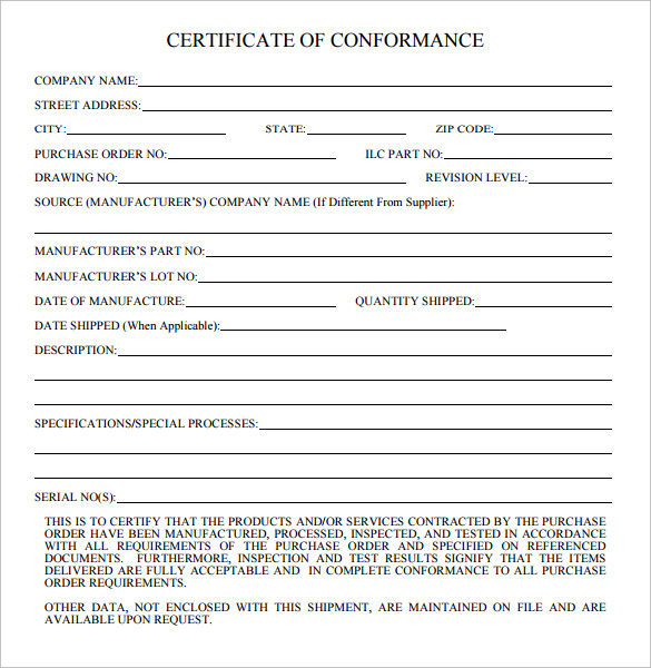 certificate of conformance template certificate of conformity 