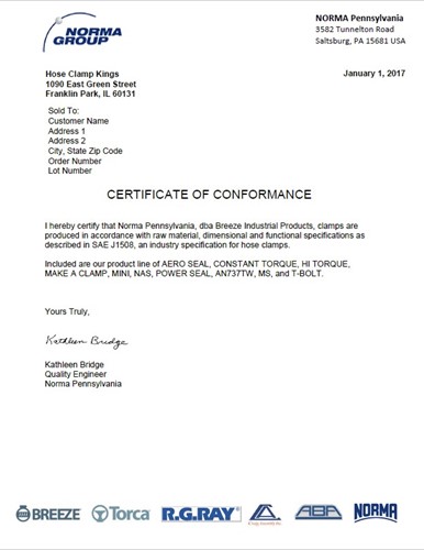Norma Group Certificate of Conformance