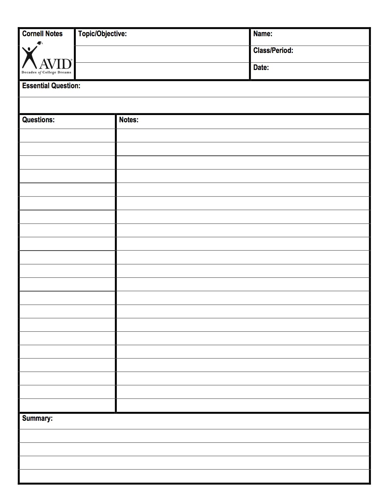 Cornell Notes Template from AVID (front) | Study tips | Pinterest 