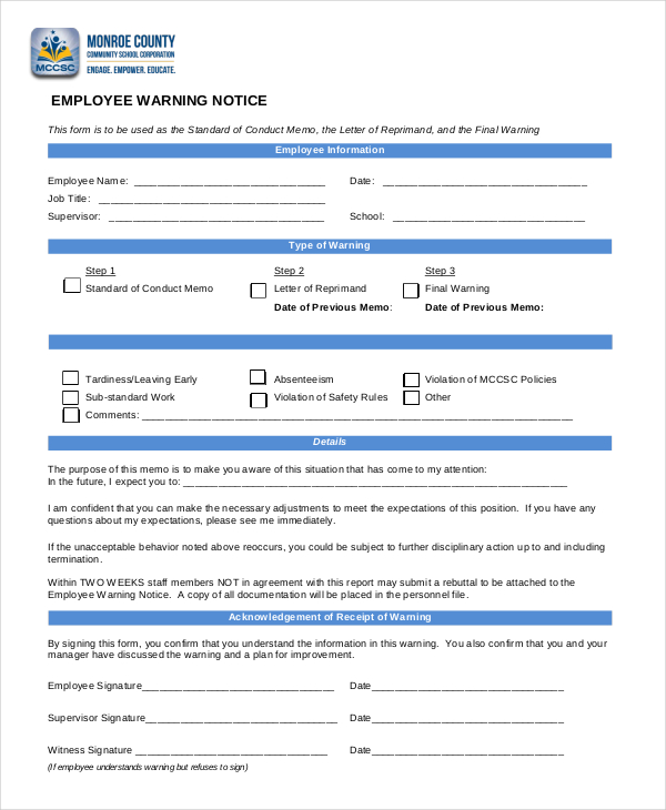 Employee Warning Notice 11+ Free Word, PDF Documents Download 