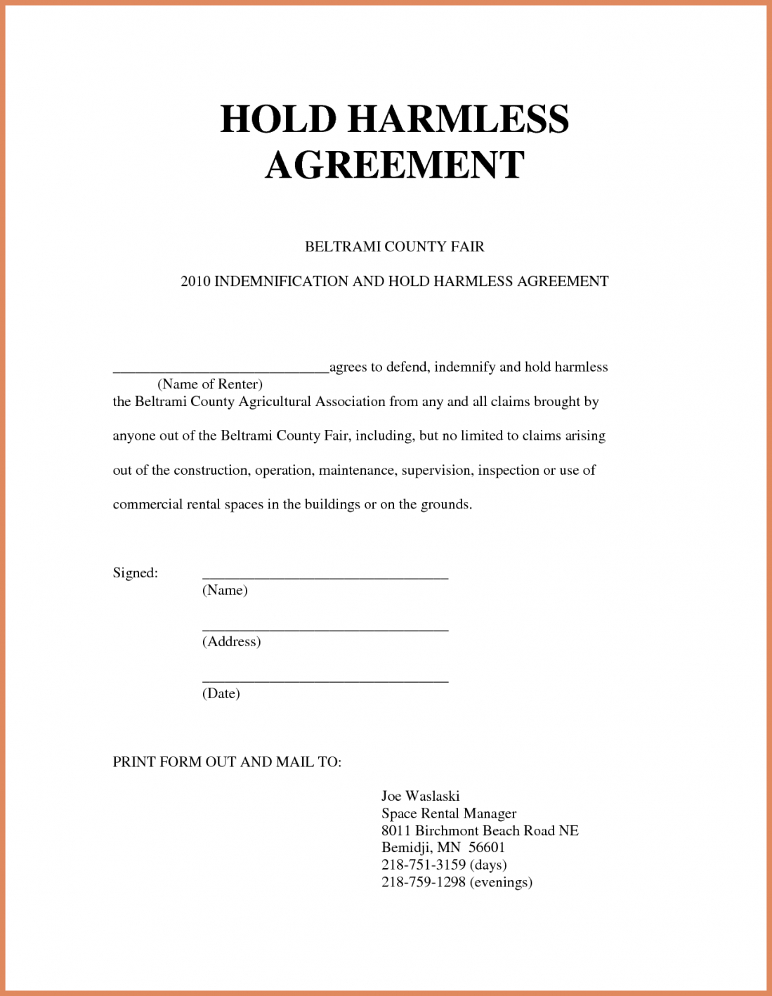 Simple Hold Harmless Agreement Template