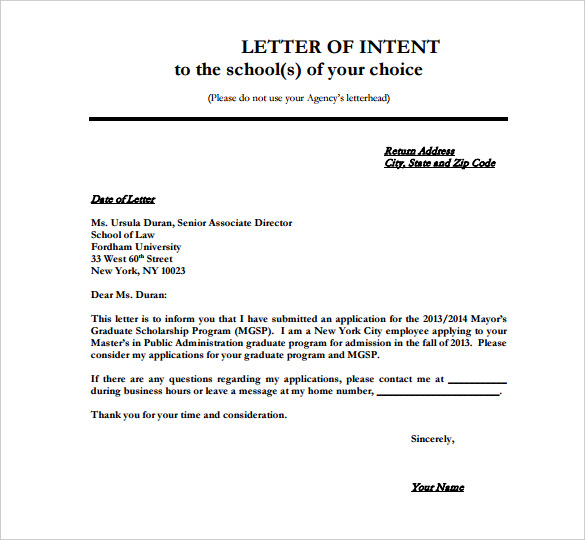 Letter Of Intention 8 School Letter Of Intent Templates Free 