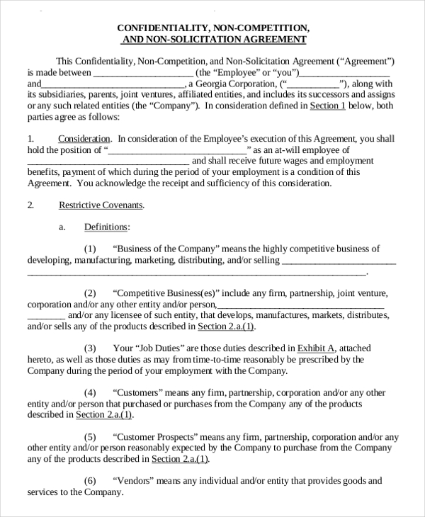 sample non compete agreement template 11 standard non compete 
