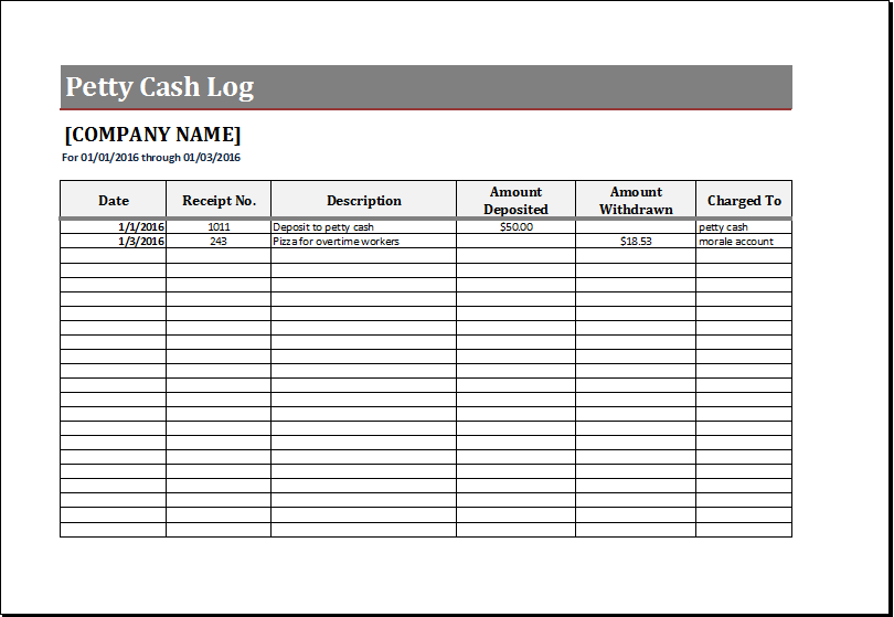 Free Wide Numbered Row Petty Cash Log from Formville
