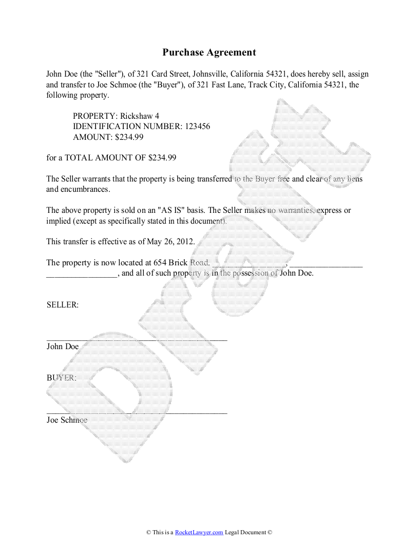 Purchase Agreement Template   Free Purchase Agreement