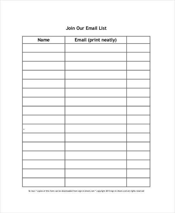Volunteer sign up sheet