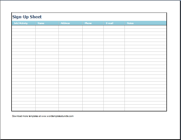 Printable Sign Up Worksheets and Forms for Excel, Word and PDF