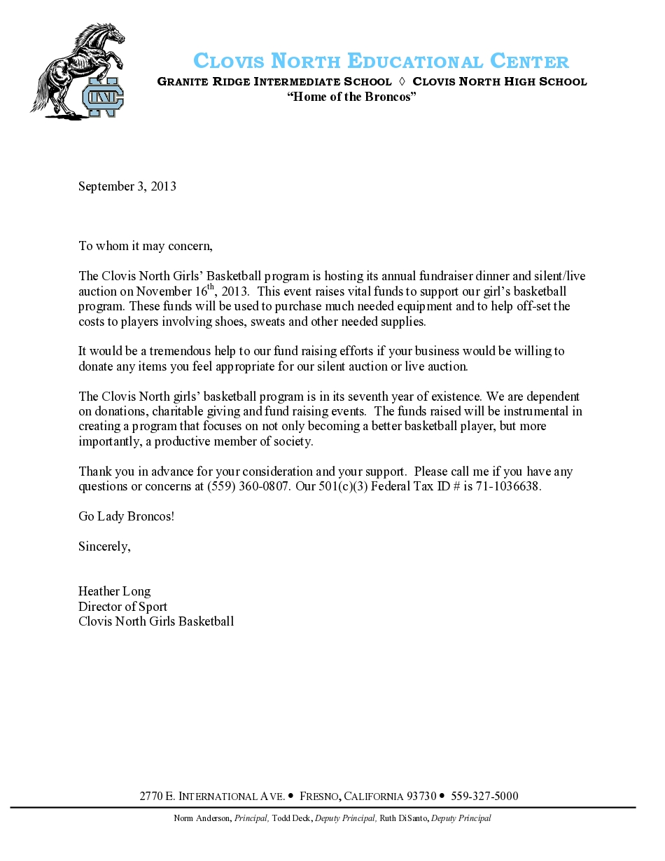 Sponsorship Letter | Clovis North Girls Basketball