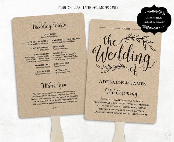 Printable Wedding Program Template, Rustic Wedding Fan Program 