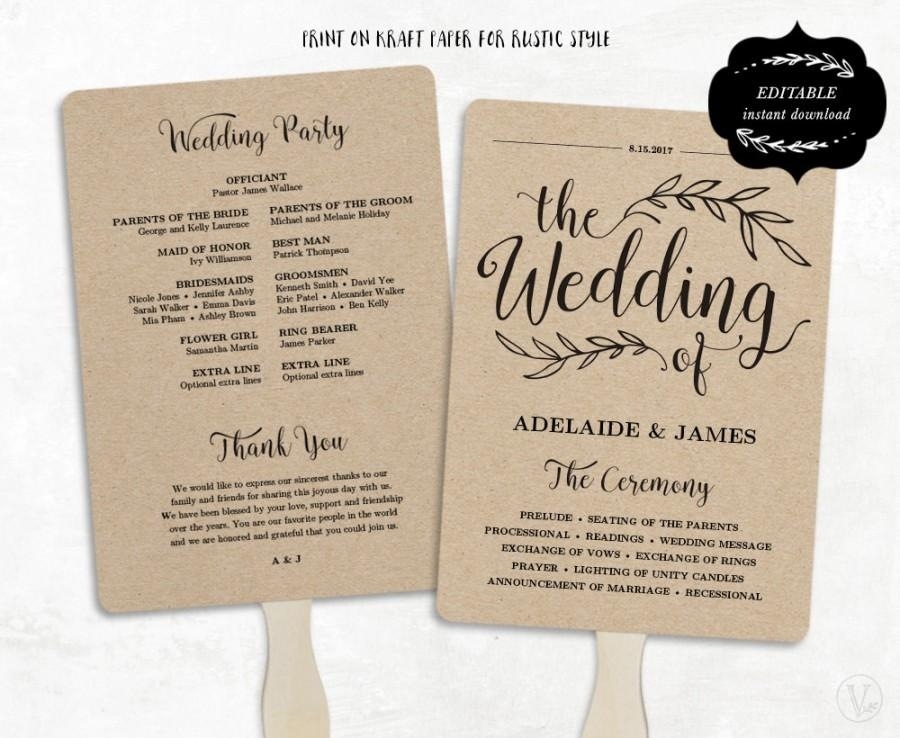 Printable Wedding Program Template, Fan Wedding Program, Kraft 