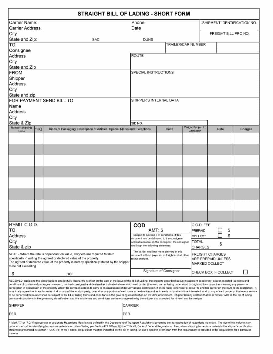 Printable Sample Bill Of Lading Template Form | Sample Template 