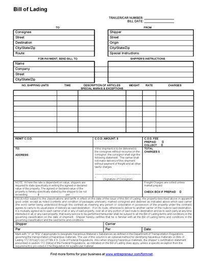 Bill of Lading Form Template: Free Download, Create, Fill, Print 