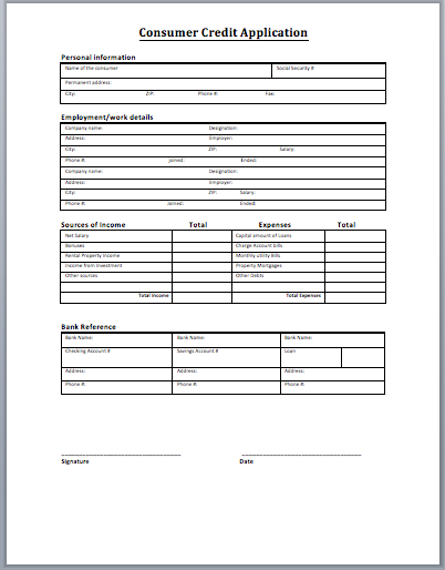 consumer credit application form template   Teacheng.us