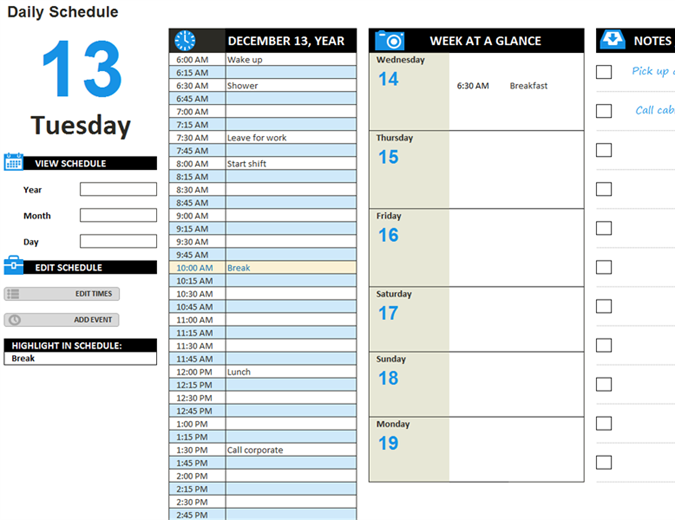 Daily work schedule
