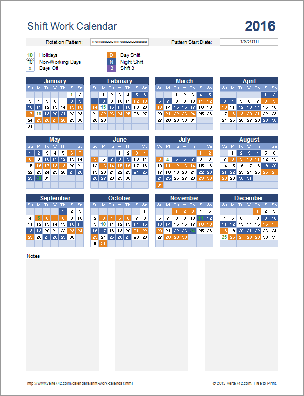 Shift Work Calendar for Excel