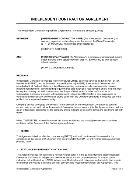 free contractor agreement template independent contractor 