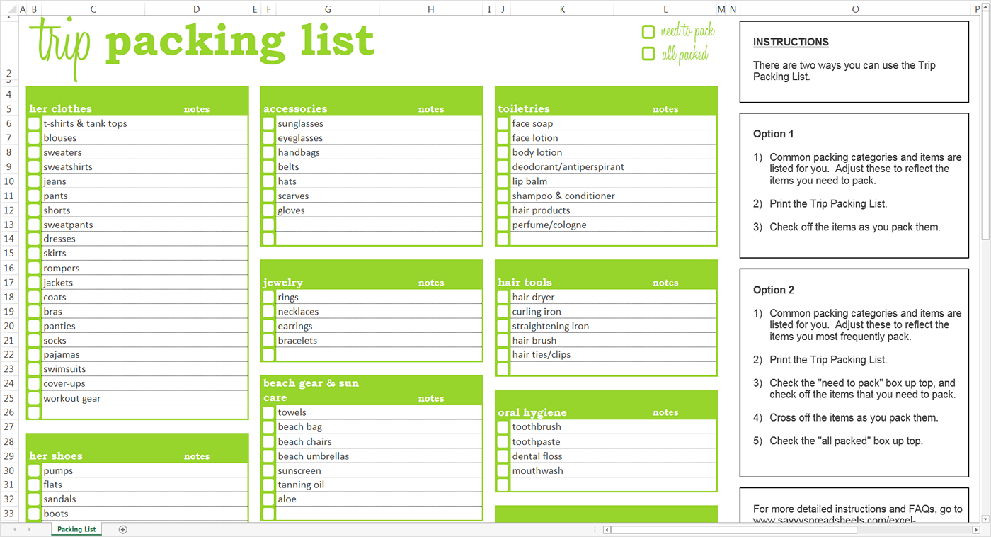 Trip Packing List Excel Template Savvy Spreadsheets