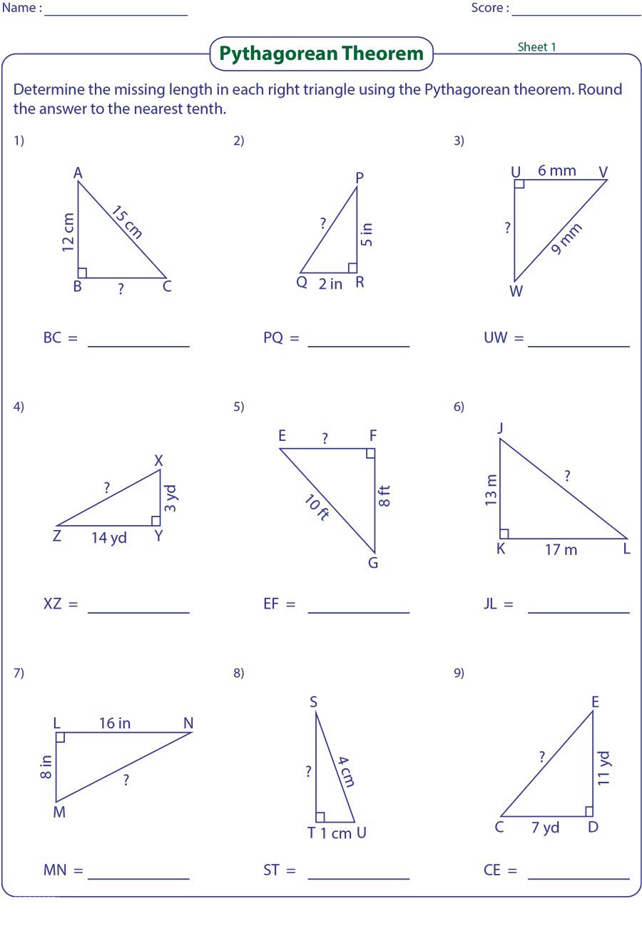 Pythagorean Worksheet 1 Theorem Pdf   cadrecorner.com