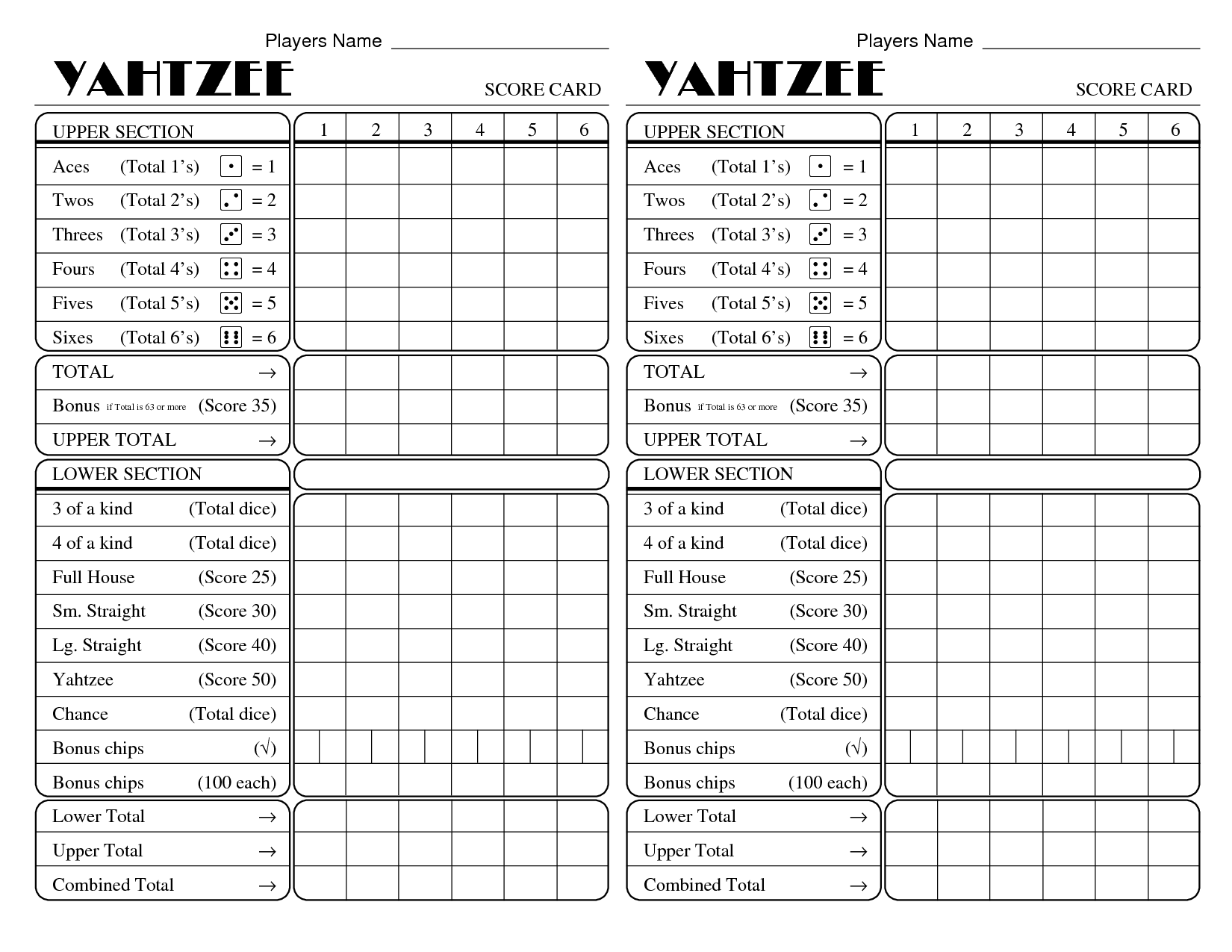 Free Yahtzee Score Sheets – Paper Worksheets Calendar Templates 