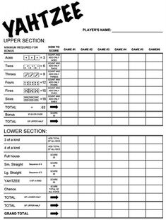 Yahtzee Score Sheets Excel Printable Large Score Sheet Fun Brain 