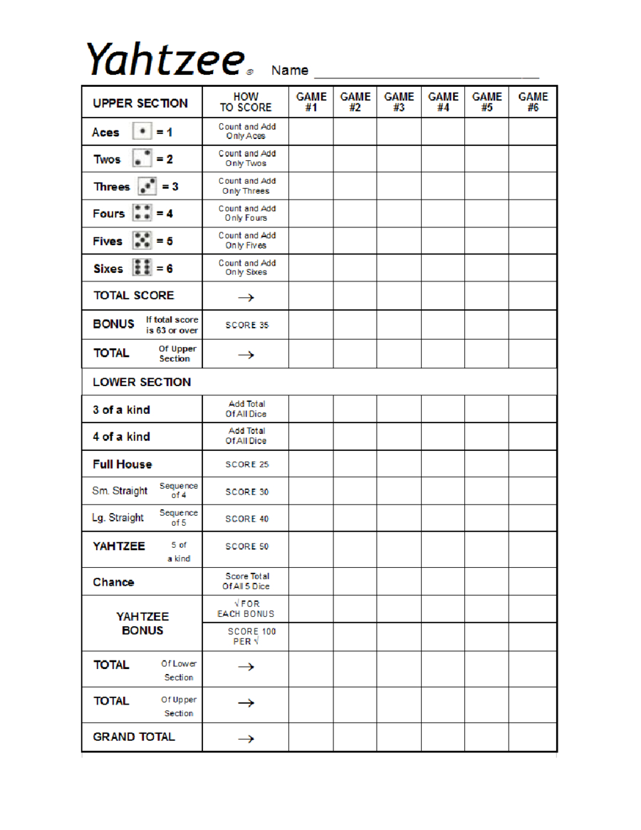Yahtzee Score Cards Free Printable Yahtzee Score Sheets Card 